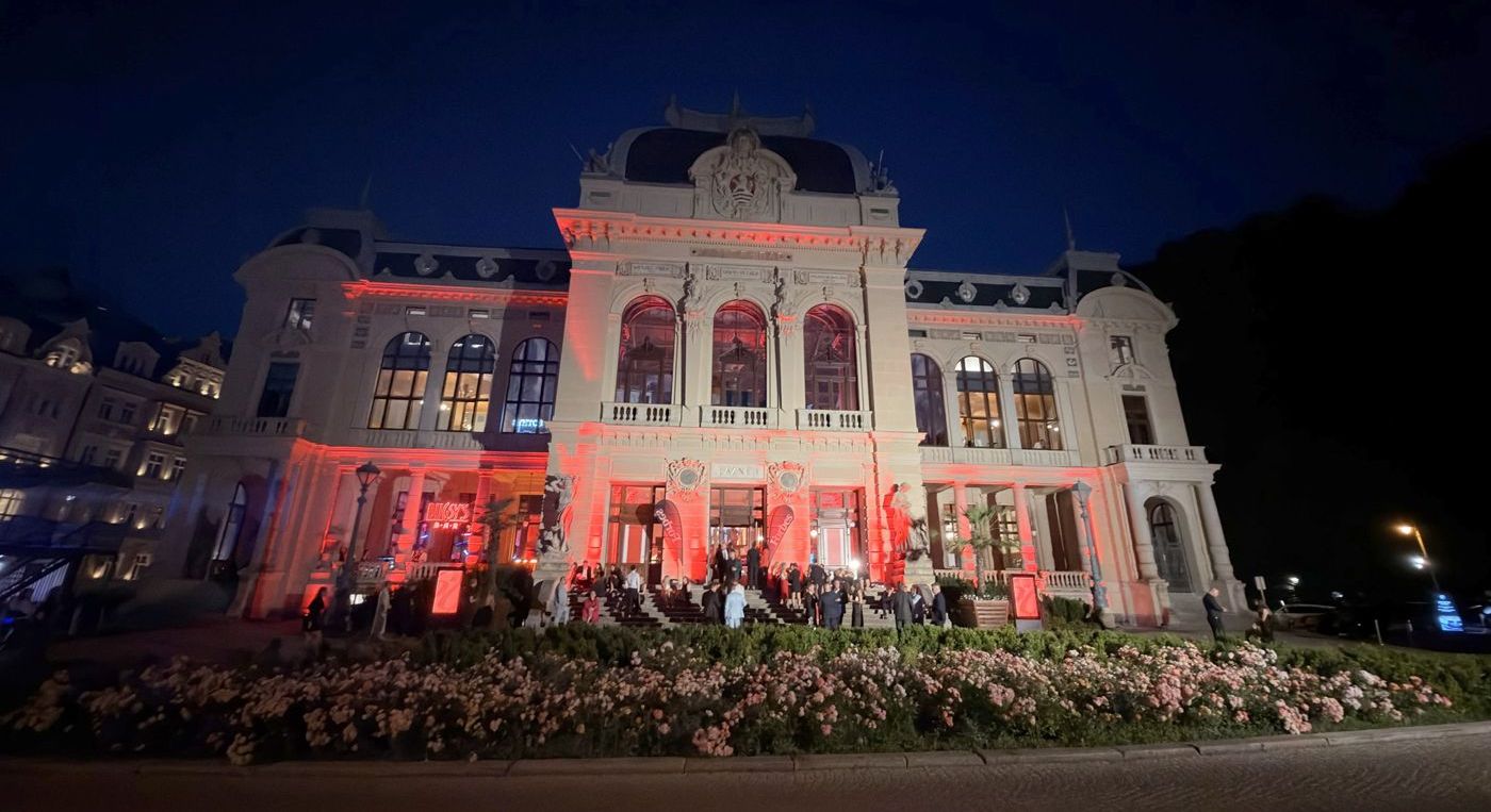 The Imperial Spa building lit up at night