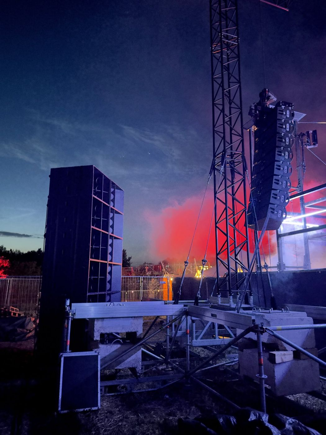 Line array and speaker stack at dusk